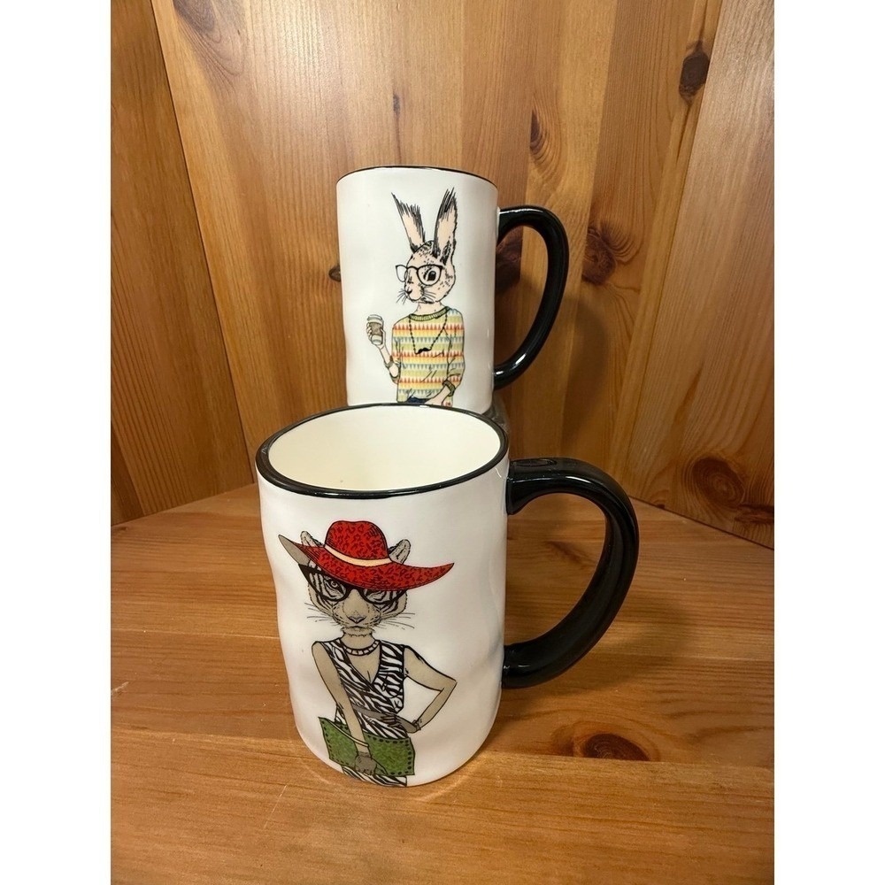 Signature Housewares Cat & Rabbit Coffee Mugs Set Fashion Animal Stoneware